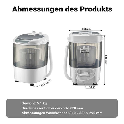 Camping Waschmaschine 170 W 37,3 x 35,1 x 52 cm, Mini Waschmaschine für bis zu 2,5 kg Wäsche, tragbare Campingwaschmaschine mit Alu - Motor - B&B Shop - 2000 Stockerau