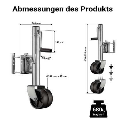 Doppelstützrad bis 680 kg, Anhängerstütze aus Stahl, Stützlast Bugrad mit Schwenkarm, Schwerlast Abstellstütze mit Zwillingsrädern - B&B Shop - 2000 Stockerau