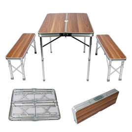 Koffertisch mit 2 Bänken Holzdesign Aluminium 90x66x70 cm Campingtisch klappbar Sitzgruppe Campingmöbel Outdoor - B&B Shop - 2000 Stockerau